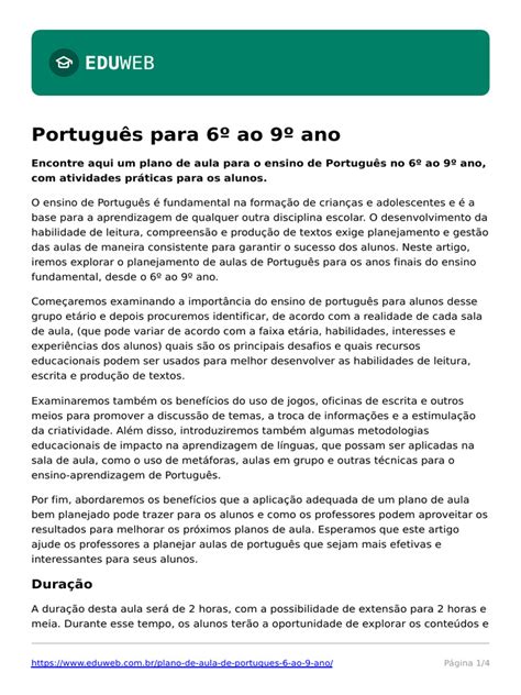 Plano De Aula De Português 6 Ao 9 Ano Pdf - Plano de Aula de Portugues 6 Ao 9 Ano | PDF | Lição | Aprendizado