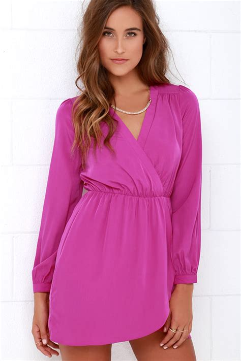 Cute Magenta Dress Wrap Dress Long Sleeve Dress 49 00 Lulus