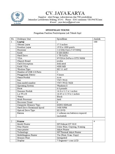 Contoh Spesifikasi Teknis Pdf