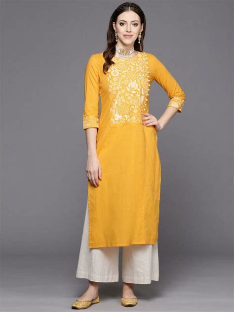 Buy Ksuthouse Of Varanga Women Mustard Yellow And White Ethnic Motifs Kurta Online At Best