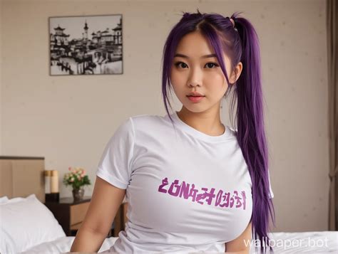 Asian University Student With Luxurious Purple Hair In Hotel Room