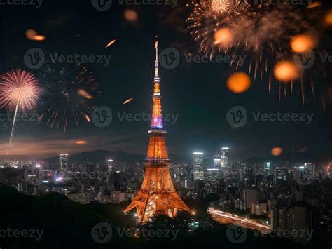 Tokyo tower at night with fireworks, travel and new year concept ...