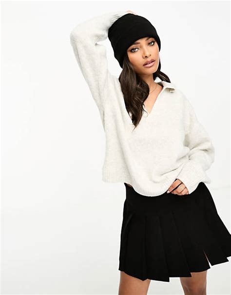 Monki Knitted V Neck Polo Collar Sweater In Light Grey Melange Asos