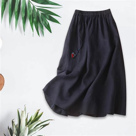 Women Linen Cotton Long Skirts Elastic Waist Pleated Maxi Skirts