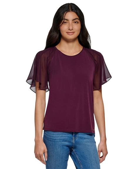 Calvin Klein Womens Chiffon Flutter Sleeve Top Macys