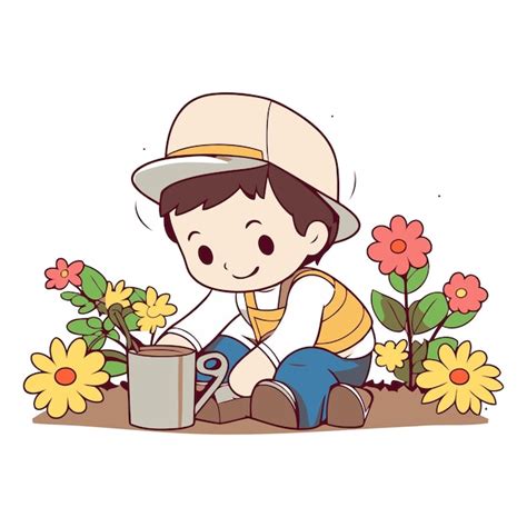 Un niño lindo regando flores en el jardín Vector Premium