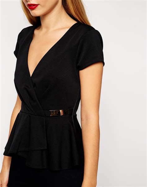 Asos Wrap Front Peplum Top With Gold Bar In Black Lyst