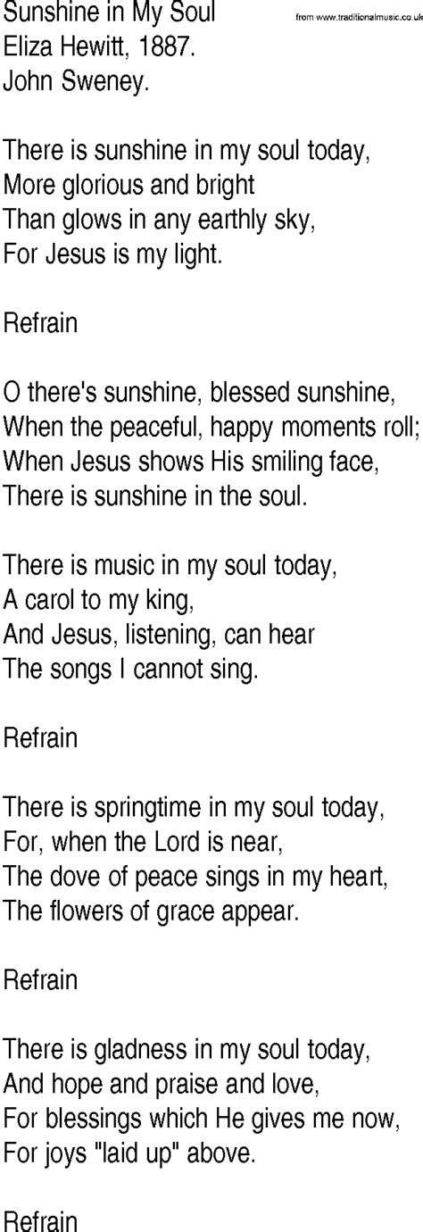 Hymn And Gospel Song Lyrics For Sunshine In My Soul By Eliza Hewitt