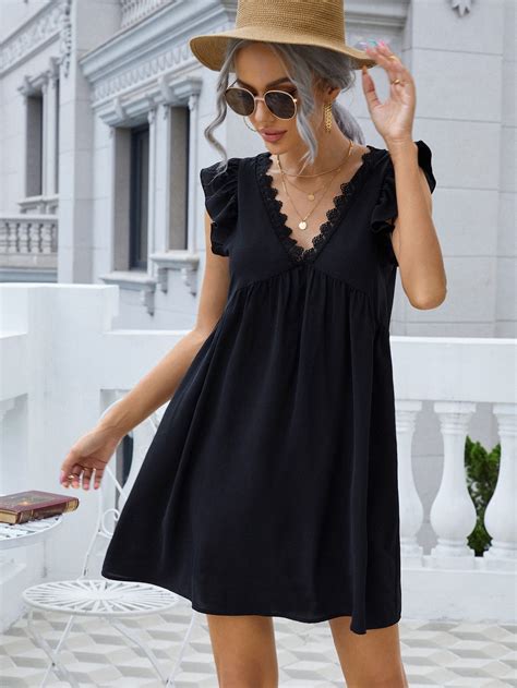 SHEIN Guipure Lace Insert Ruffle Trim Smock Dress