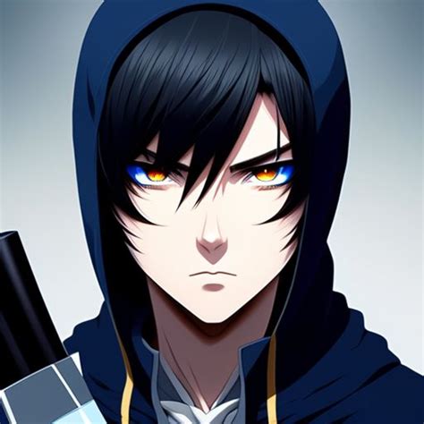 Scaly Bison352 Man With Black Hair Blue Eyes Wearing A Black And Blue Hood Holding A Knife Anime