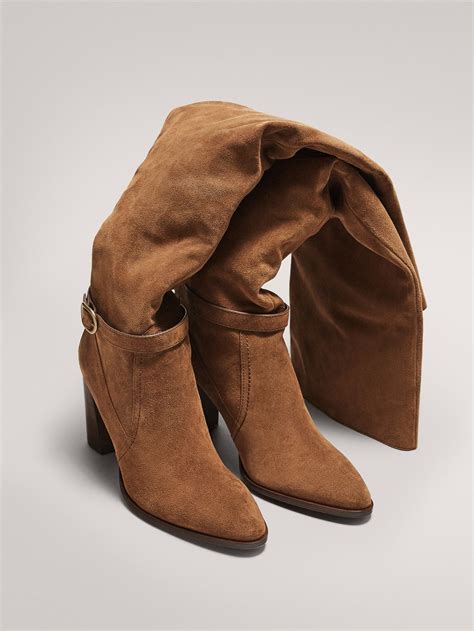 Massimo Dutti Women Over The Knee Split Suede Boots Tan 39 In