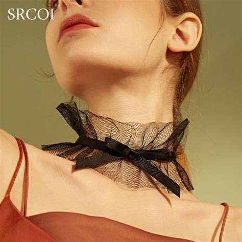 336us Srcoi Trendy Black White Bow Knot Lace Choker Women Sexy