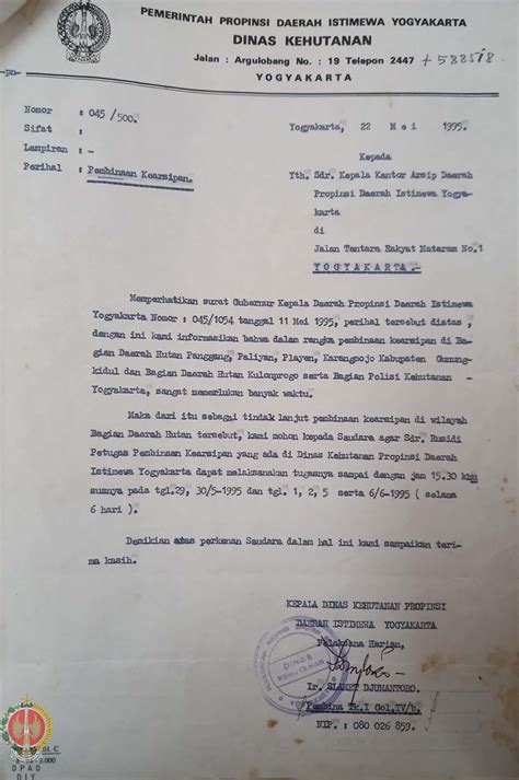 Surat Dari Plh Kepala Dinas Kehutanan Provinsi Daerah Istimewa