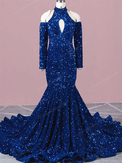 Vq Shiny Royal Blue 5mm Sequin Cut Out Mermaid Prom Dress