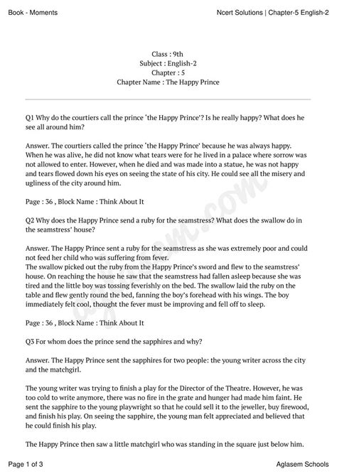 Ncert Solutions For Class English Chapter The Happy Prince All