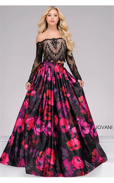 Jovani Dresses Womens Black And Multi Floral Print Two Piece Long