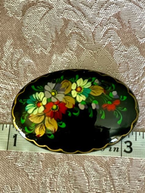 S S Russian Black Lacquer Hand Painted Floral Gem