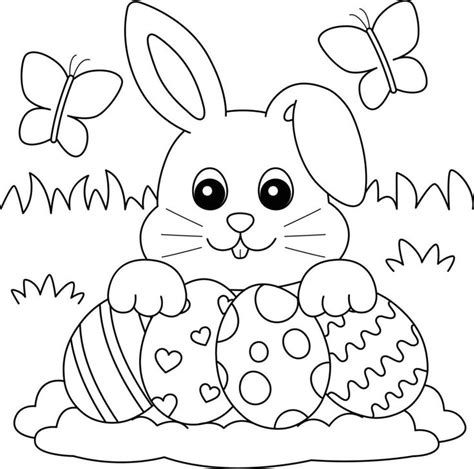 An Easter Bunny Sitting In The Grass With Some Eggs And Butterflies