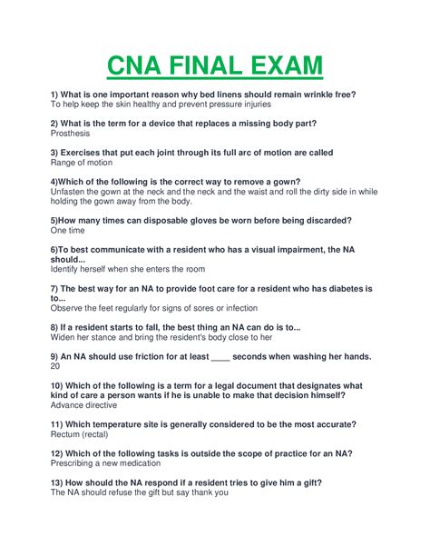 CNA FINAL EXAM WITH 100 CORRECTLY ANSWERED QUESTIONS FOR CNA 2022 2023