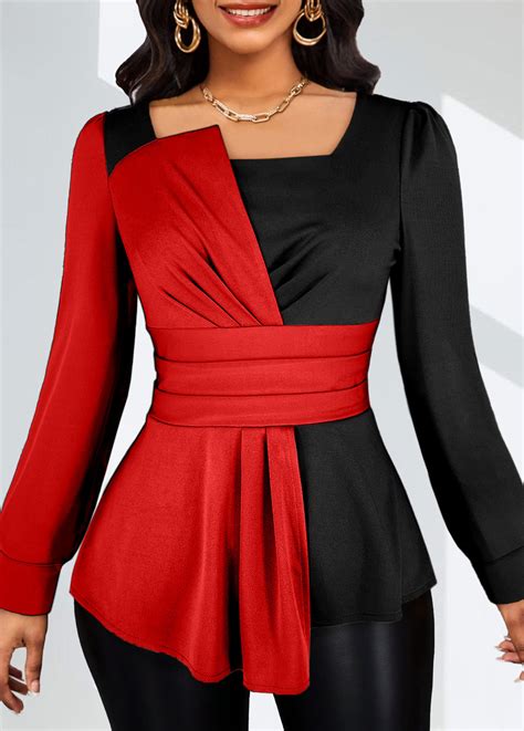 Red Asymmetry Long Sleeve Square Neck Blouse Modlily USD 34 98