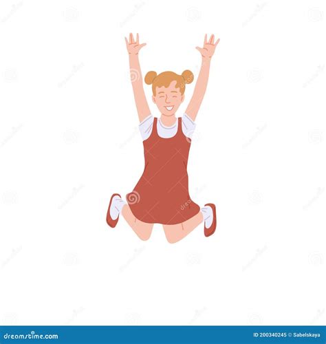 Cheerful Happy Girl Jumps Raising Hands Flat Vector Illustration