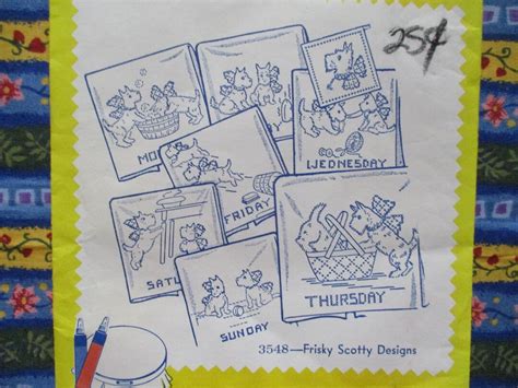 Vintage Aunt Martha S Hot Iron Transfer Pattern 3548 Frisky Scottie Designs Days Of The Week