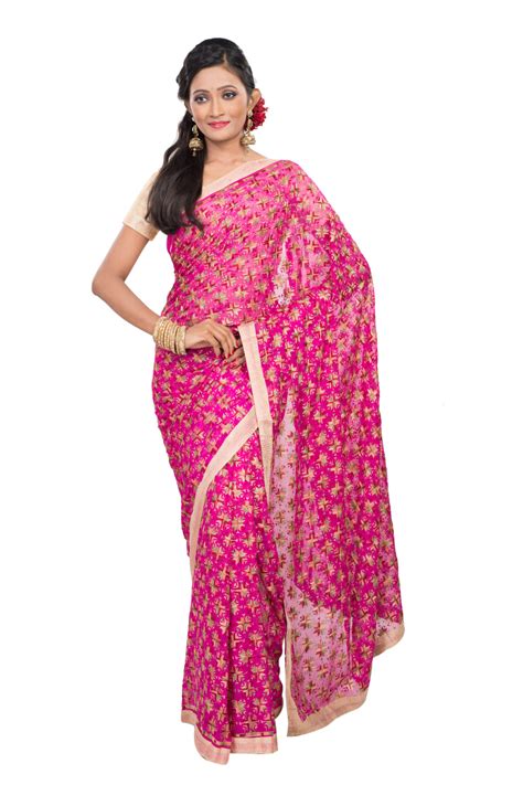 Pink Chiffon Saree With Phulkari Embroidery Buddha And Beyond