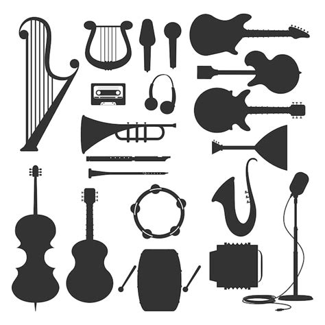 Conjunto De Siluetas Negras De Instrumentos Musicales Aislado Vector