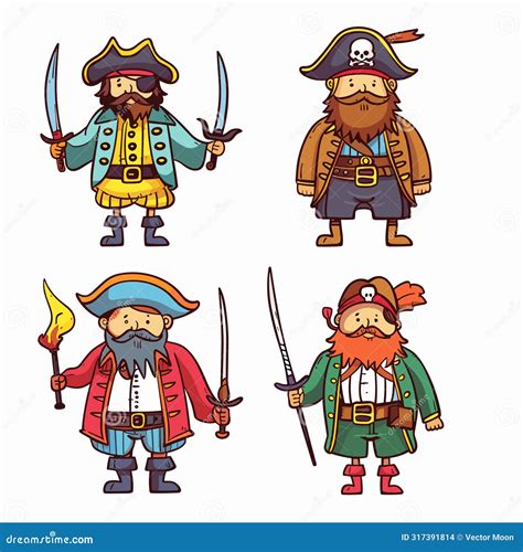 Four Cartoon Pirates Various Poses Wielding Weapons Colorful Attire