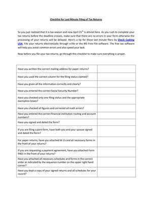 Calam O Checklist For Last Minute Filing Of Tax Returns