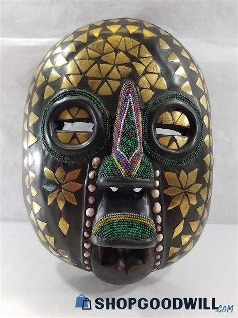 Large Vintage African Mask Baluba Luba Oblong Carved Wood Metal Accent