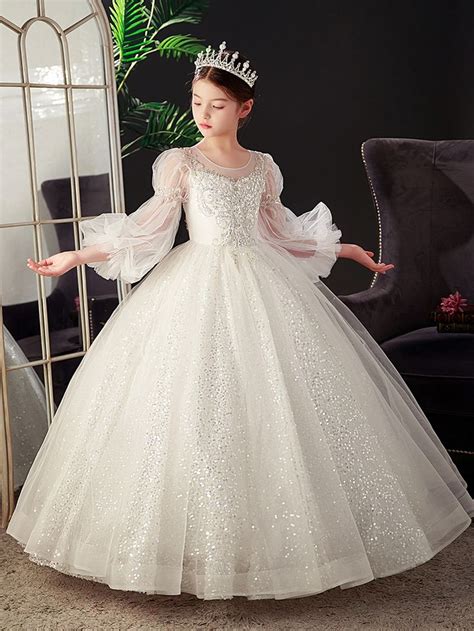 White Sequins Tulle Long Sleeve Flower Girl Dress In 2024 Flower Girl