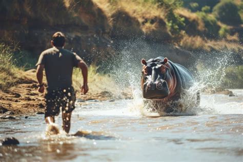 Man Runs From A Chasing Huge Aggressive Hippopotamus In A River Attack