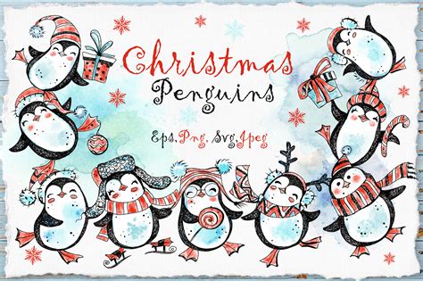 Cute Christmas Penguins Watercolor Illustrations Creative Market