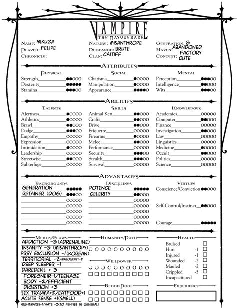 Vampire Masquerade 5E Character Sheet