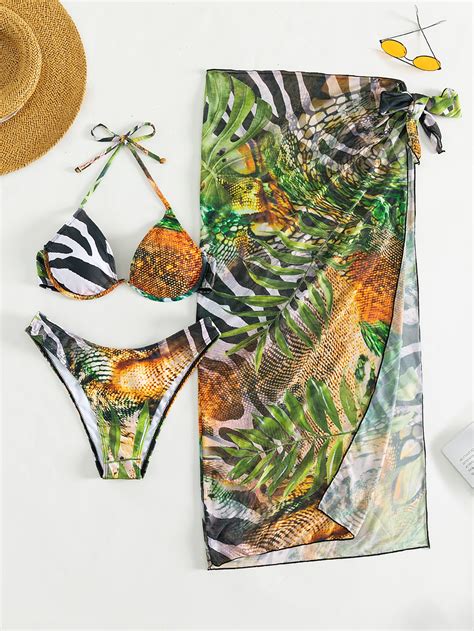 Shein Swim Vcay Tropical Print Push Up Bikini Swimsuit With Beach Skirt