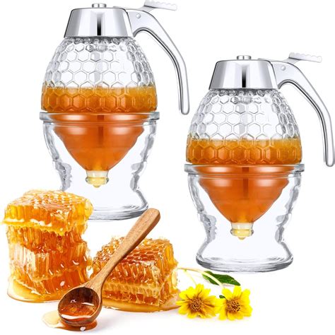 Eccliy Pcs Oz Glass Honey Dispenser Dripless With Stand Glass Maple