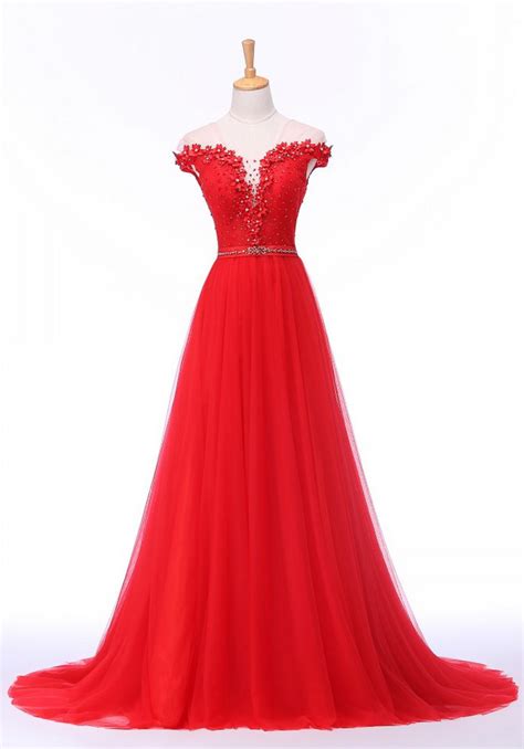 Hot Sale Elegant Beads Appliques Red Long Evening Dress Robe De Soiree