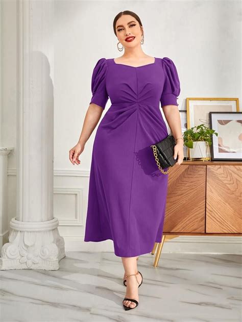 Shein Plus Puff Sleeve Fold Pleated Dress Purple Plus Size Dresses