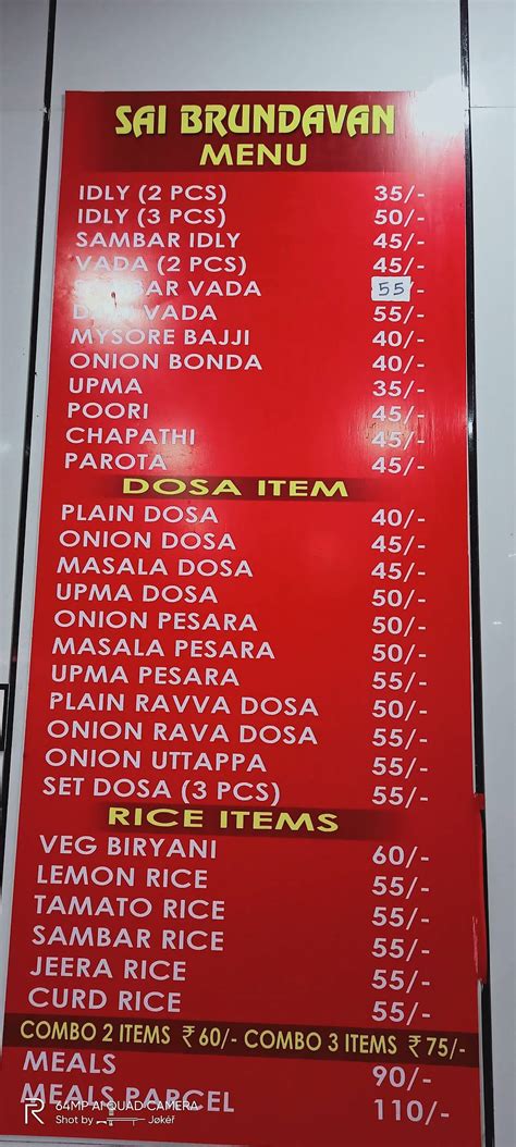 Menu At Sai Brundavan Hyderabad