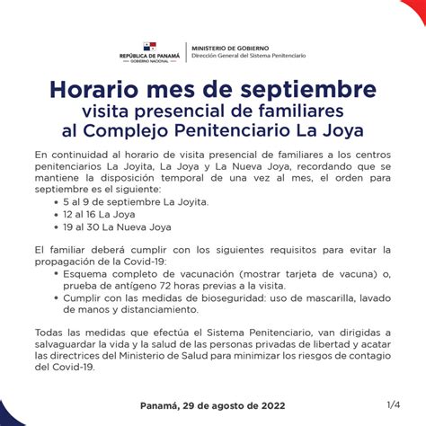 Horario Mes De Septiembre Visita Presencial De Familiares Al Complejo