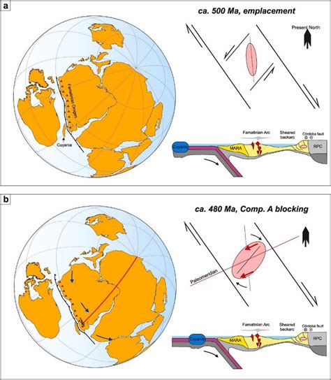 Paleomagnetic reconstructions at 500 Ma and 480 Ma respectively; blue ...