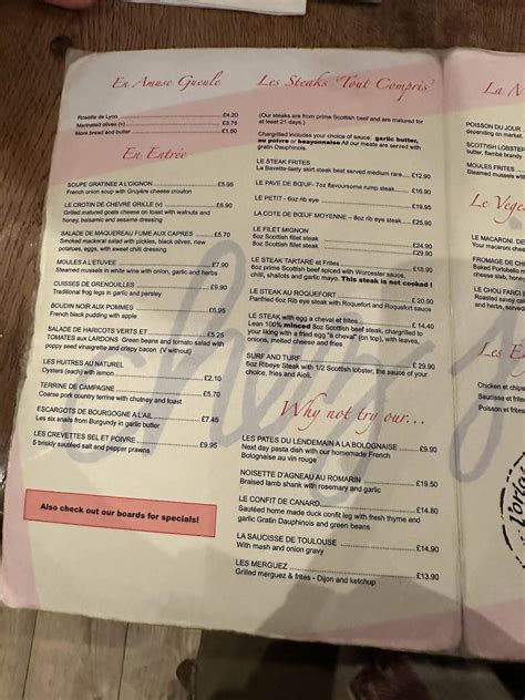 Menu at Chez Jules restaurant, Edinburgh, 109 Hanover St