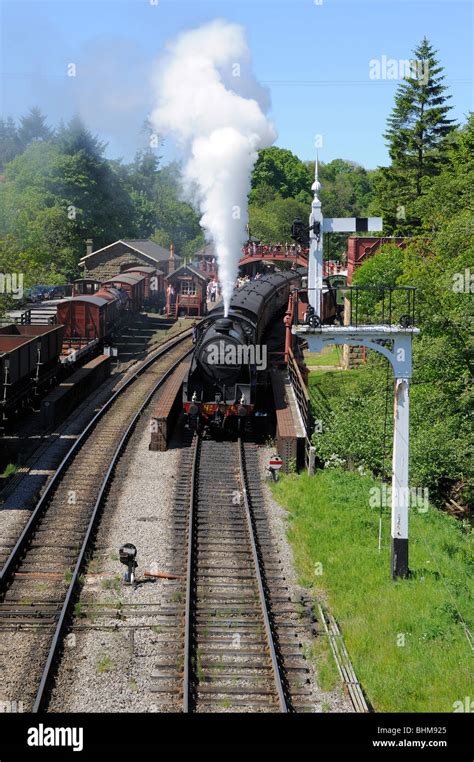 Steam Train Leaving Goathland Station North Yorkshire Uk Stock Photo