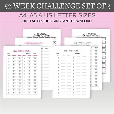 52 Week Savings Challenge Printable Set For Money Saving One Etsy