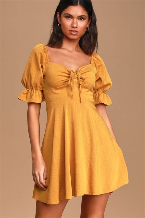 Puff Sleeve Dress Mustard Yellow Mini Dress Casual Day Dress Lulus