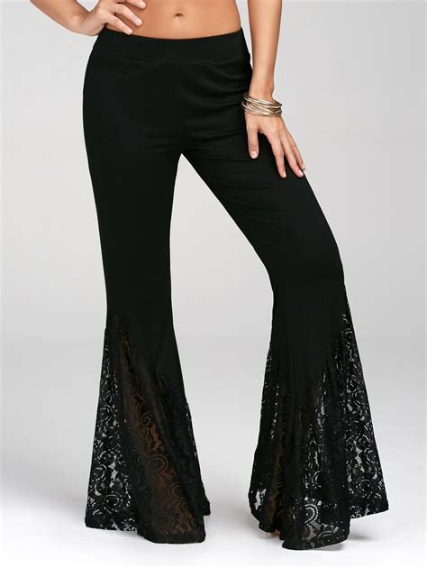 High Waisted Lace Insert Bell Bottom Pants Casual Wide Leg Pants