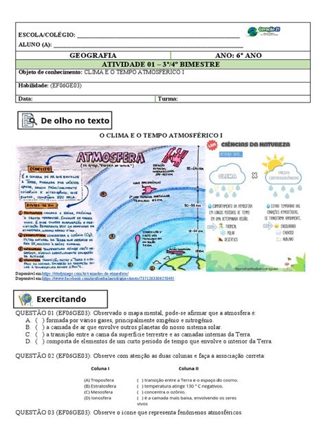 Questões Sobre Atmosfera - Atividades sobre Clima e Tempo - 6º Ano | PDF | Atmosfera | Atmosfera ...