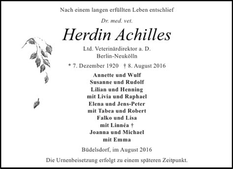 Traueranzeigen Von Dr Med Vet Herdin Achilles Sh Z Trauer