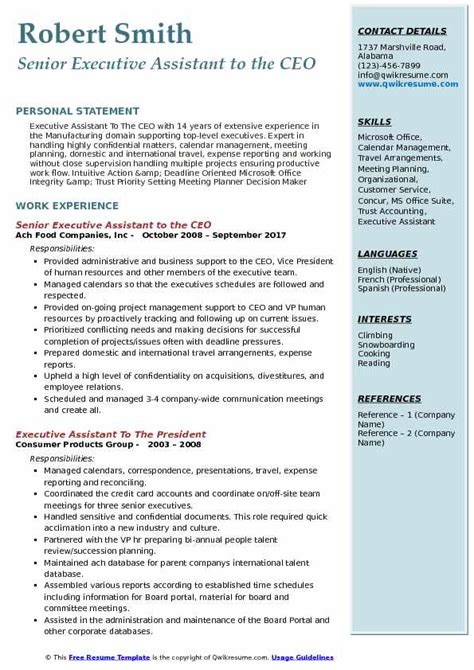 Executive Assistant To The Ceo Resume Samples Qwikresume